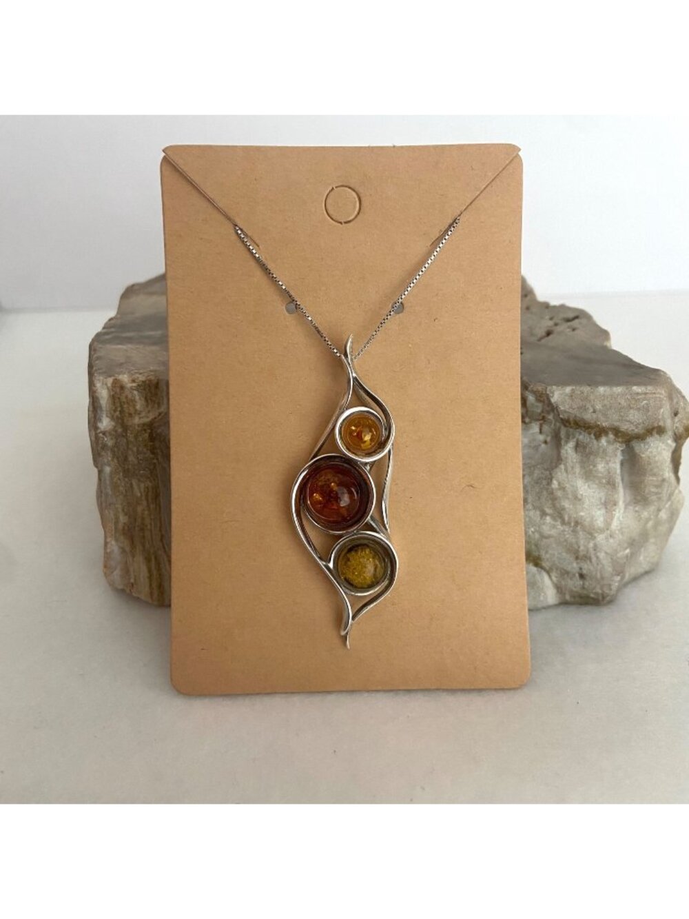 Sterling Silver 925 Modernist Style Multi Colored Baltic Amber Pendant Necklace